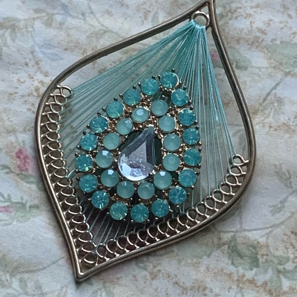 Stunning Blue Green Thread & Rhinestones Large Bohemian Earrings Woman’s Jewelry - Picture 3 of 5